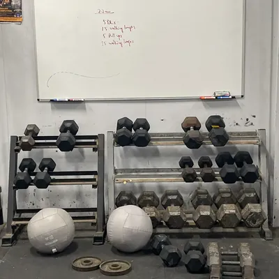 bulk-lot-dumbbells-with-racks-medicine-balls-whiteboard-e646b9