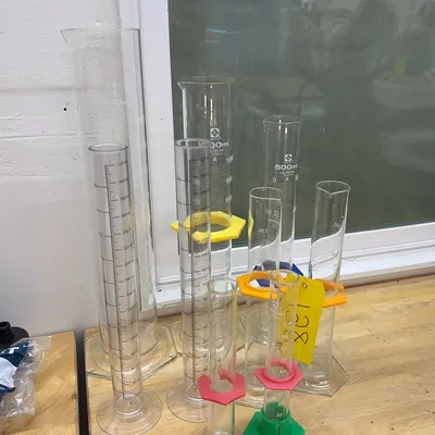 9-assorted-sibata-glass-and-plastic-graduated-cylinders-with-collars-d4c1ed