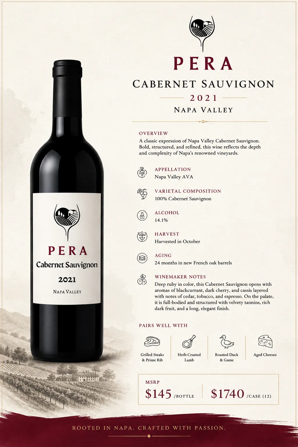 1 Case12 Bottles 2021 Pera Family Cabernet Sauvignon 750 ML Msghaxmp
